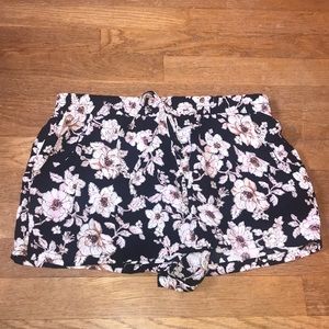flowy black and cream floral shorts